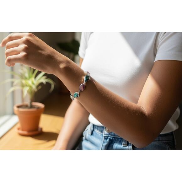 VTG Abalone Sterling Silver Plated S-80 Bracelet Box Clasp 8" Paua Pink Green - Picture 6 of 6